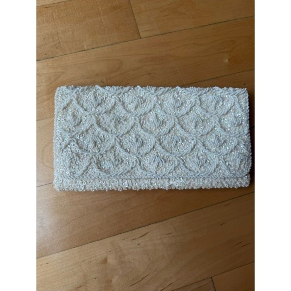 Vintage 60s ADG Fashion Imports Ivory Beaded Sequin Clutch Bag Made in Hong Kong
